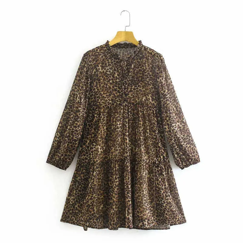 ZA Summer Print Chiffon Mini Dress Women Long Puff Sleeve Adjustable Drawcord V Neck Leopard Dresses Vintage Vestisos 210602