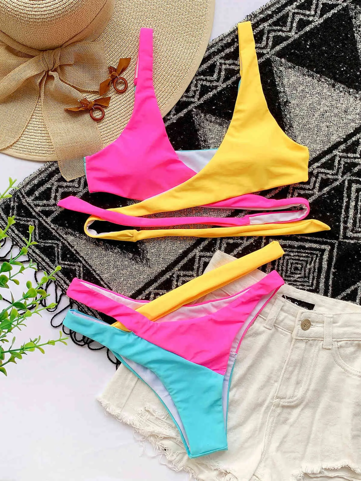 Women's Swimsuit Bathing Suits Color Matching Bandage Bikini High Waist Beach Wear Swimwear 210621