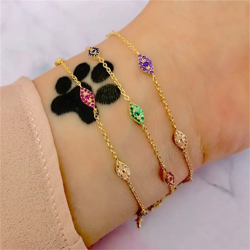 Trendy Red green blue Turkish Evil Pave CZ Blue Eye Gold Chain Bracelet Adjustable Female Party Jewelry246q