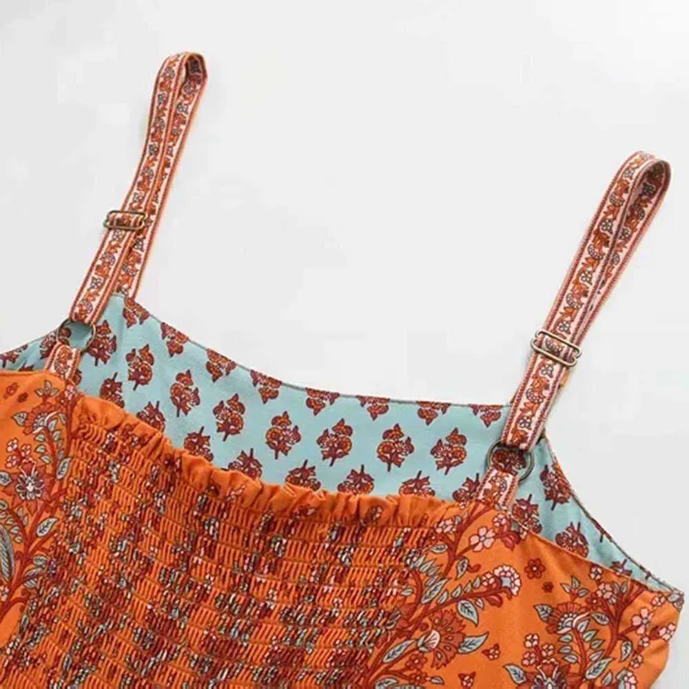 Women Stylish Chic Vintage Tribal National Style Floral Print Suspenders Short Jumpsuits Female Elegant 210531