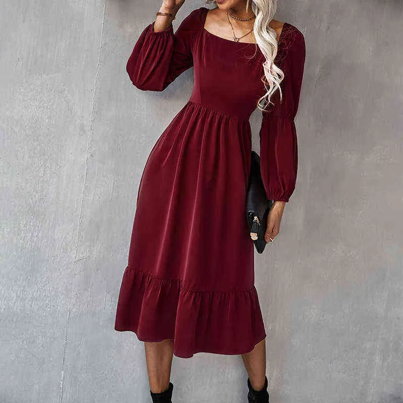 Frauen Solide Laterne Sleeve Square Kragen Midi Kleid Frühlingsmode Weibliche Freizeitkleidung Elegante Herbst Büro Pendel Kleid Y1204