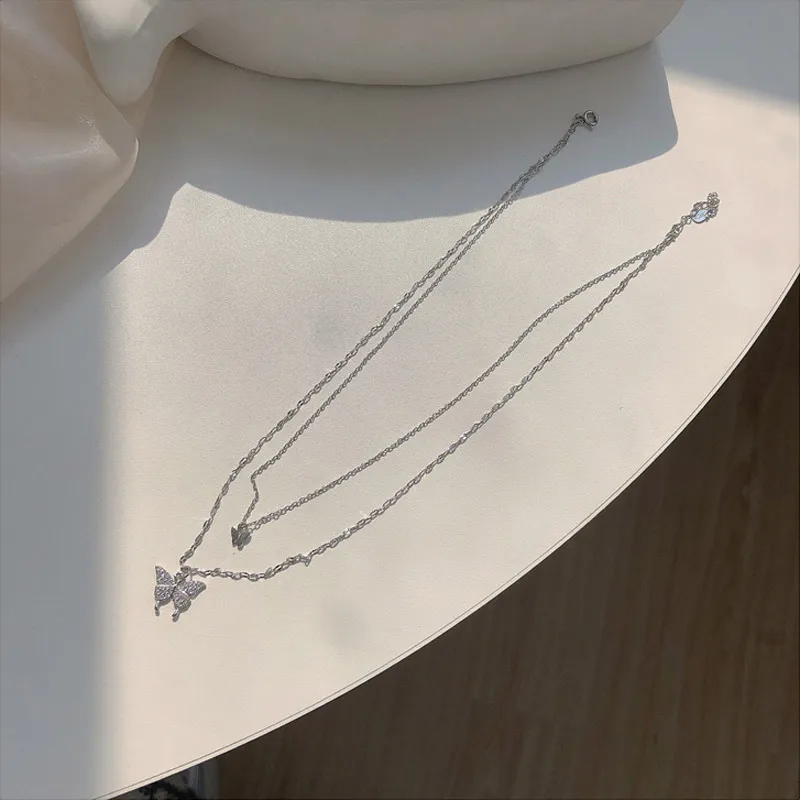 Collana girocollo con pendente a forma di farfalla a doppio strato color argento con catena a O, regalo di nozze gioielli da donna