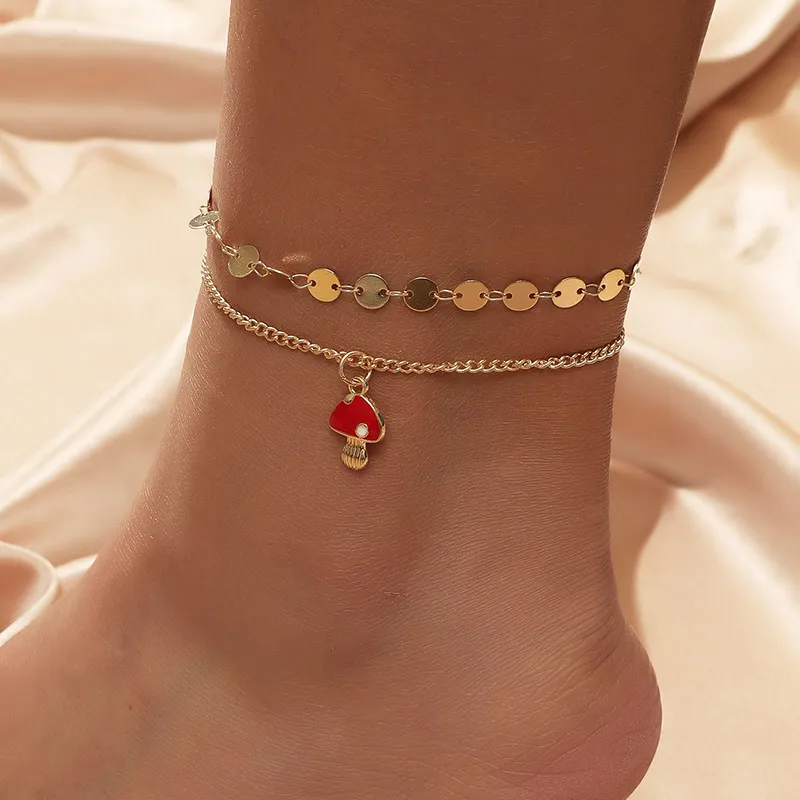 2 stks / set eenvoudige goud kleur metalen ketting andlets voor vrouwen meisjes schattige rode emaille paddestoel hangers akklets strand stijl sieraden