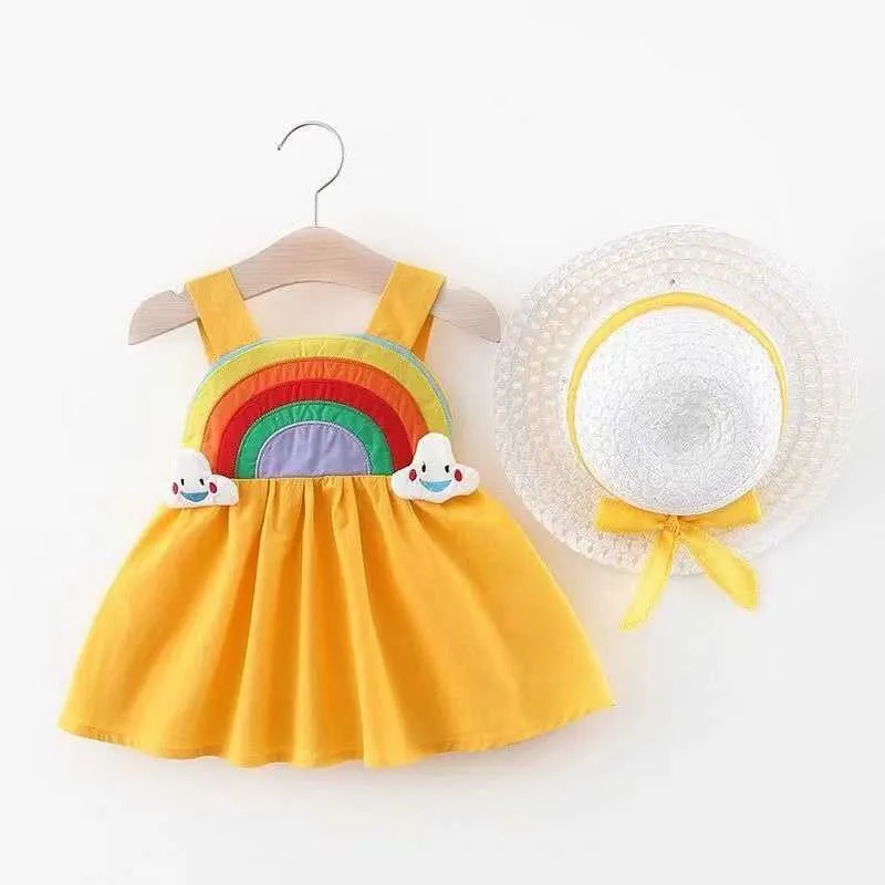 Coreano encantador princesa niño recién nacido bebé niñas arco iris vestido de fresa + sombrero 2 unids vestidos para niña verano bebé niñas arco tela Q0716