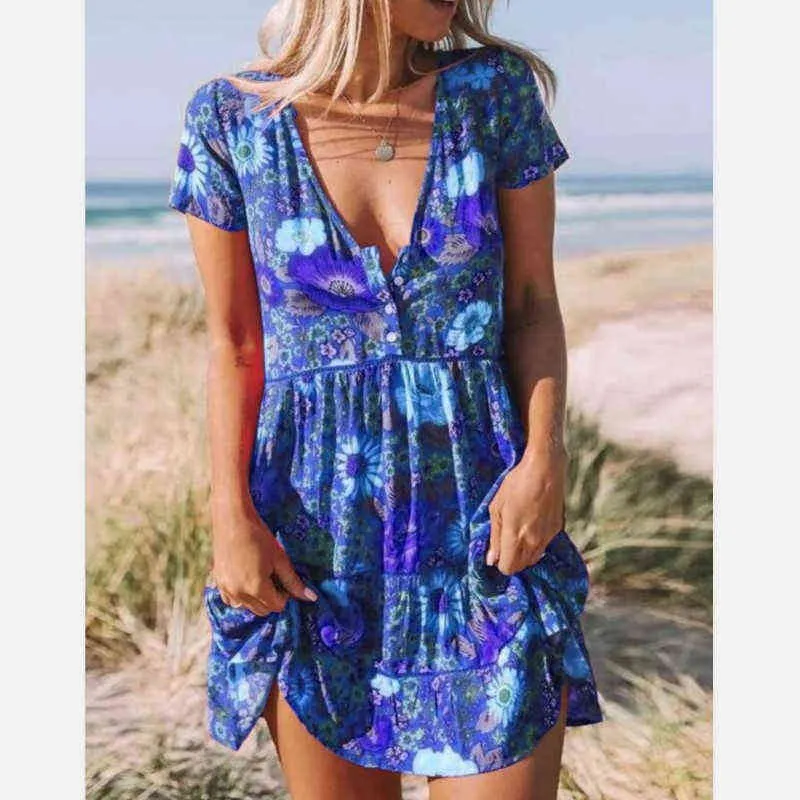 Woman Dress 2021 Summer European and American New Style Women's Printed V-neck Short-sleeved Pleated Dress Y1204