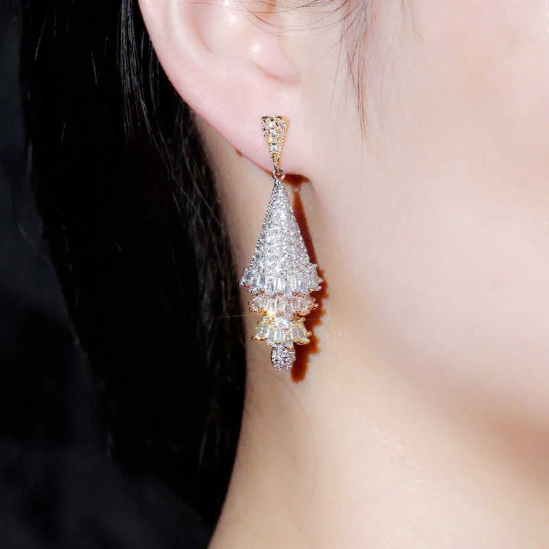 3 tons or argent couleur cubique zircone pavé géométrie boucles d'oreilles femme accessoires de fête de mariage bijoux CZ734 210714