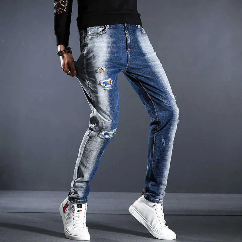 2021 Wiosna Nowy Męski Niebieski i Biały Płukany Ripped Jeans Fashion Retro Spodnie Regularne Fit Stretch Denim Spodnie Marka Marka, 723 x0621