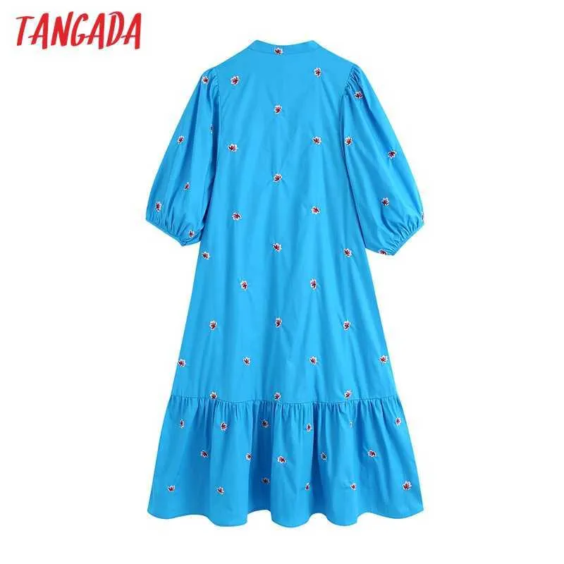 Tangada Femmes Floral Broderie Bleu Midi Robe Vintage Manches Bouffantes Femme Robes Occasionnelles Robes BE841 210609