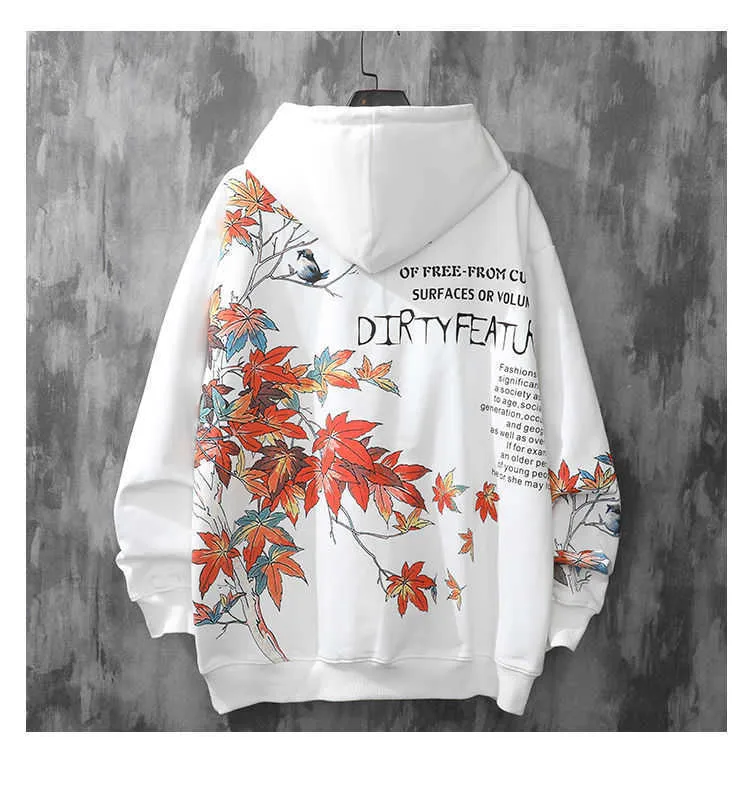 Herfst en winter hooded mannelijke trend chinese stijl nationale esdoorn blad afdrukken hoodies losse wilde harajuku paar hoodie 210813