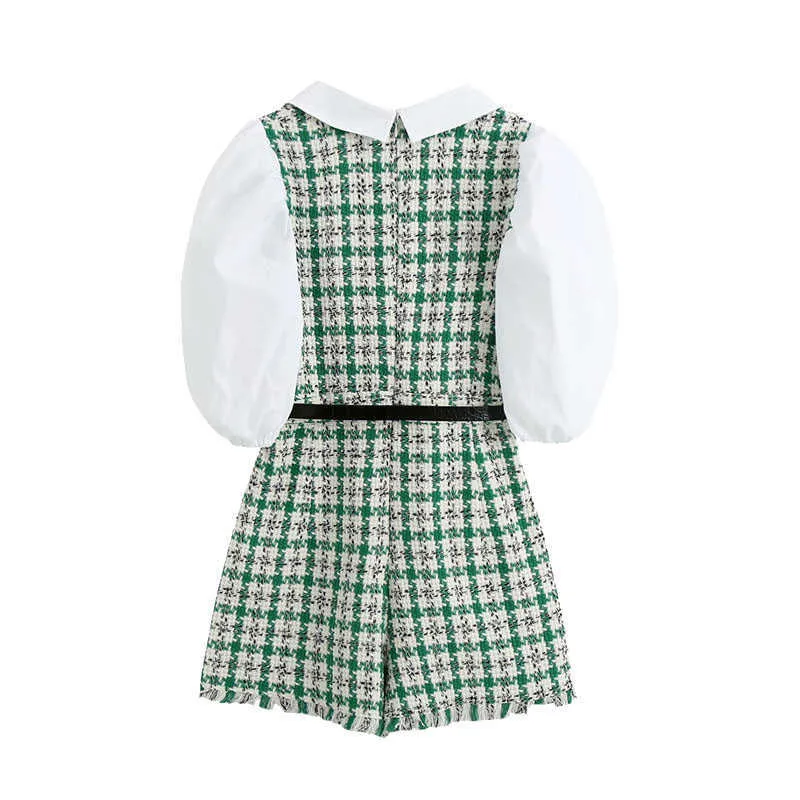 Женщины мода тонкий с поясом сращенные Tweed Playsuits старинные девочки слоеного рукава задняя молния короткие коммуникации 210531