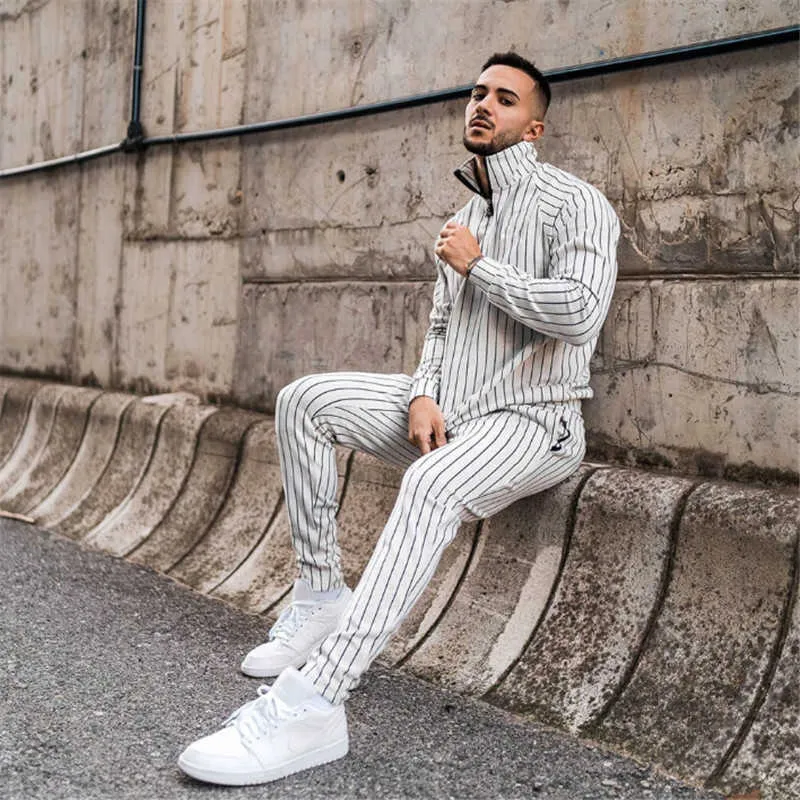 New Fashion Spring Autumn Casual Men's Suit Hot Selling Style Striped Plaid Jacket Trousers For Men Hip-Hop Stand Collar Sets Y0831