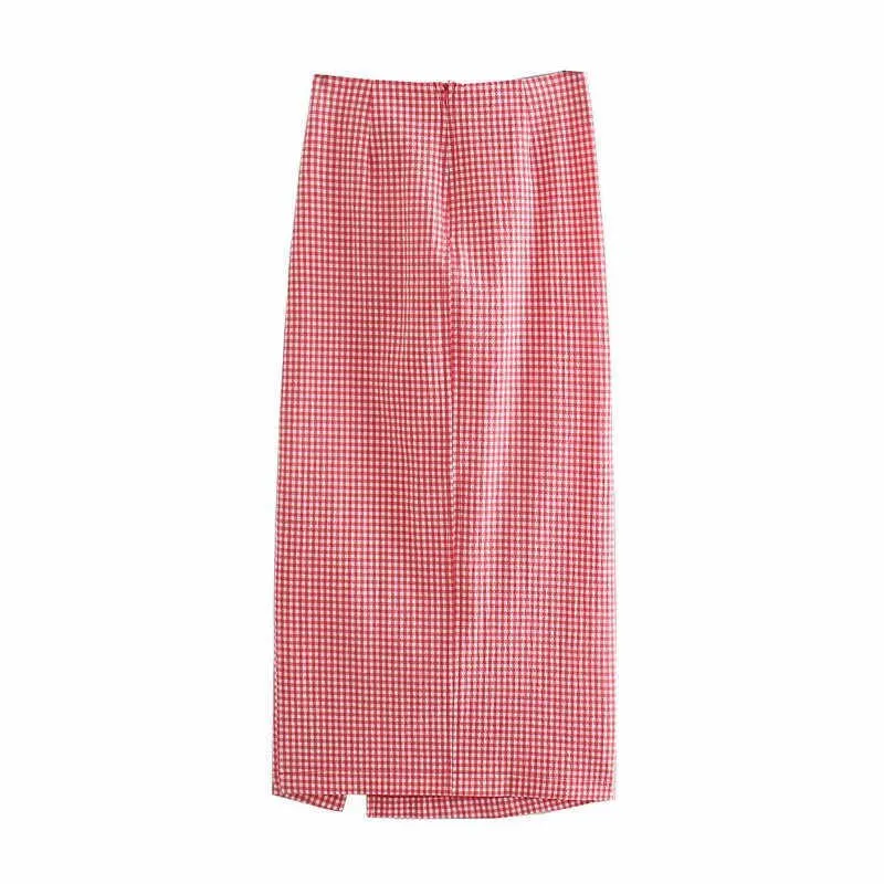 Za xadrez de cintura alta mulheres saias frontal Ruched elástico Vermelho Vermelho Saia Chique Voltar Zip Mulher Vintage Gingão Midi Saia 210602