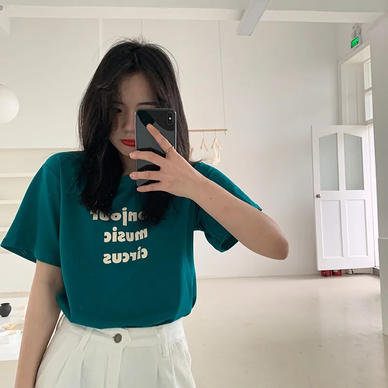 Sommer schlanke Buchstaben gedruckt kurze Ärmel kurze koreanische lose alle Match Mädchen Mode hohe Taille T-Shirts 210525