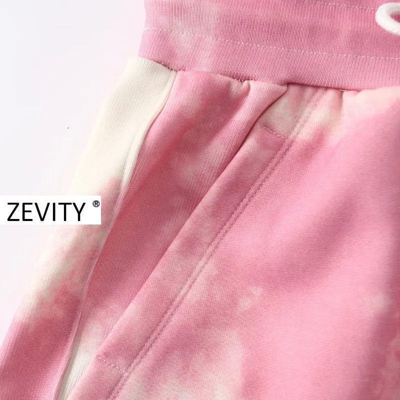 Zevity New Women Popular Tie Dye Printing Drawstringショーツレディースハイウエストスリムホットショーツシックパンタロンコルト210306