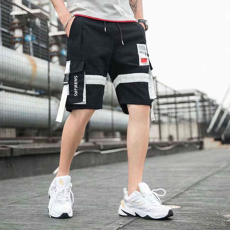 Misturar cores de verão shorts para homens preto branco calças de carga shorts homens moda casual elegante bolsos fitas hip hop streetwear H1210