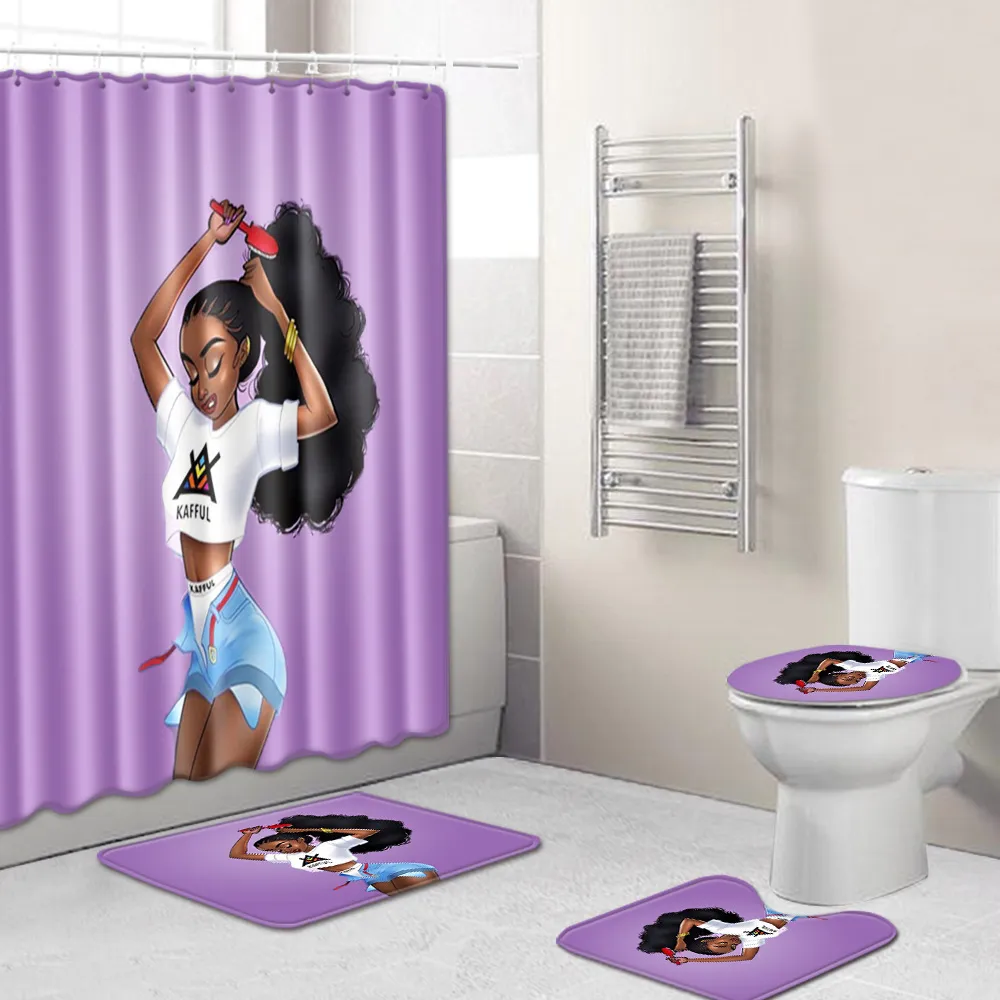Tapete da capa da almofada do banheiro conjunto Cortina de chuveiro de tecido para banheiro conjuntos de mulheres afro -americanas Y200613