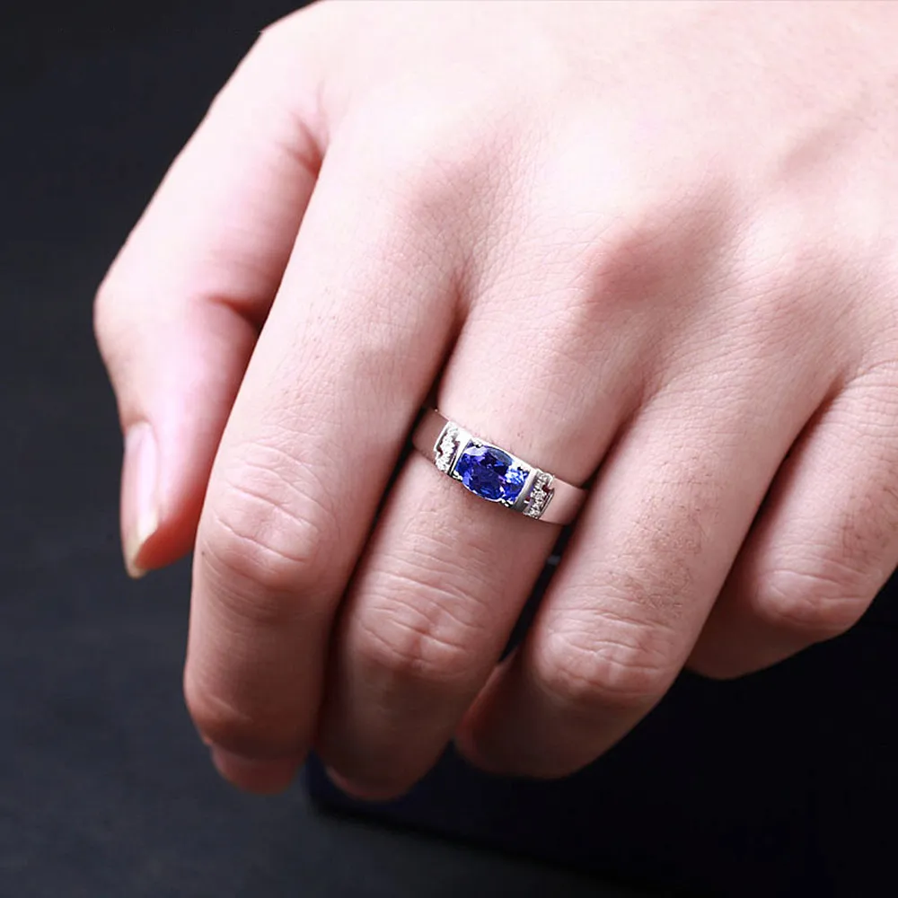 Fashion blue crystal sapphire gemstones diamonds rings for men white gold silver color jewelry bague business party accessories