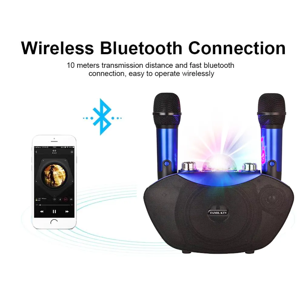 Y-8 Karaoke stereohögtalare med 2 trådlösa mikrofoner LED-blixtljus Bluetooth Hifi-högtalare Utomhus familj KTV Party