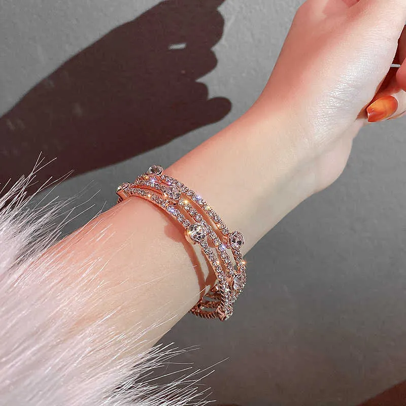 Hyperbole Layered Hand Chain Charm Bracelets for Women Tocona Shiny Crystal Gold Geometric Round Bangles Party Jewelry Bracelet Q0719