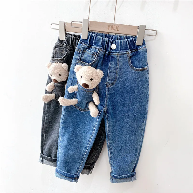 2-6 ans hiver filles garçons mignon dessin animé ours jean pantalon bébé enfants enfants épais chaud polaire Denim pantalon 210303