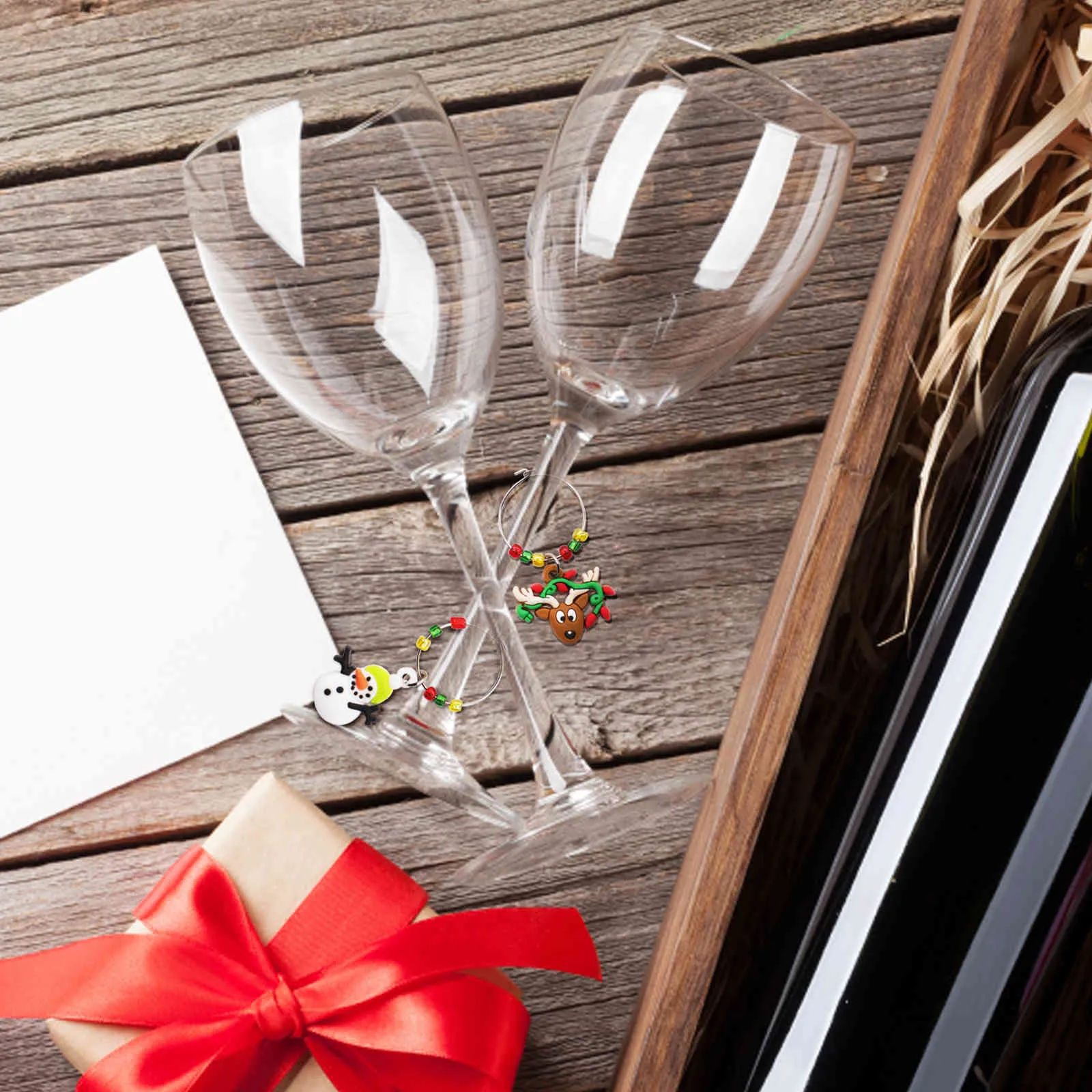 Breloques en verre à vin de noël, 12 pièces/ensemble, tasse, anneau de Table, pendentifs de noël, fournitures de décoration