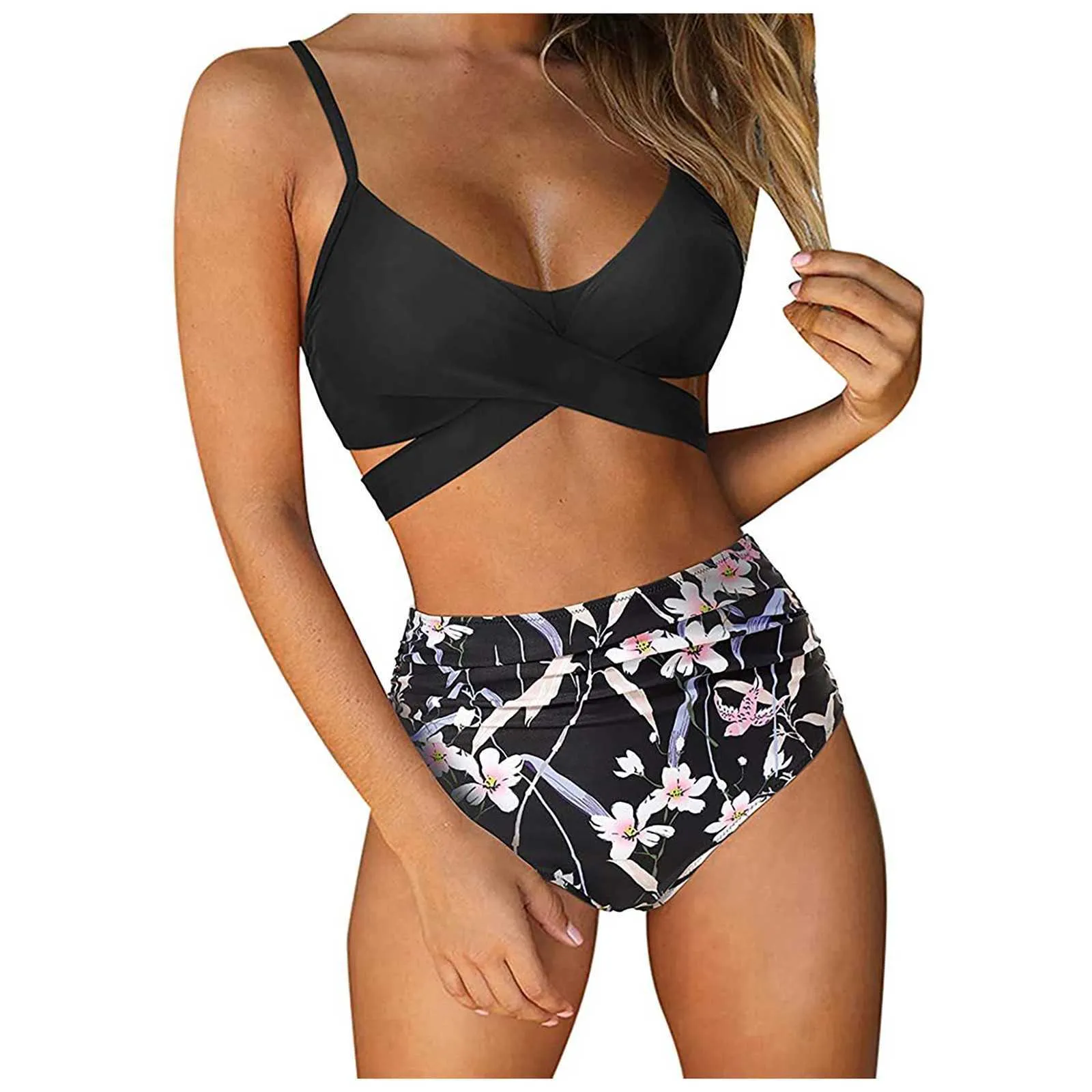 Bikini brésilien 2 pièces séparé fleur imprimé ensemble taille haute maillot de bain pour femme short culotte solide 210712