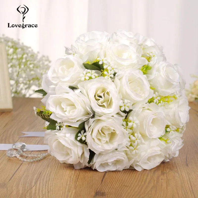 Kwiaty ślubne Białe bukiet ślubny sztuczne róże do druhny Pearl Małżeństwo Akcesoria182e
