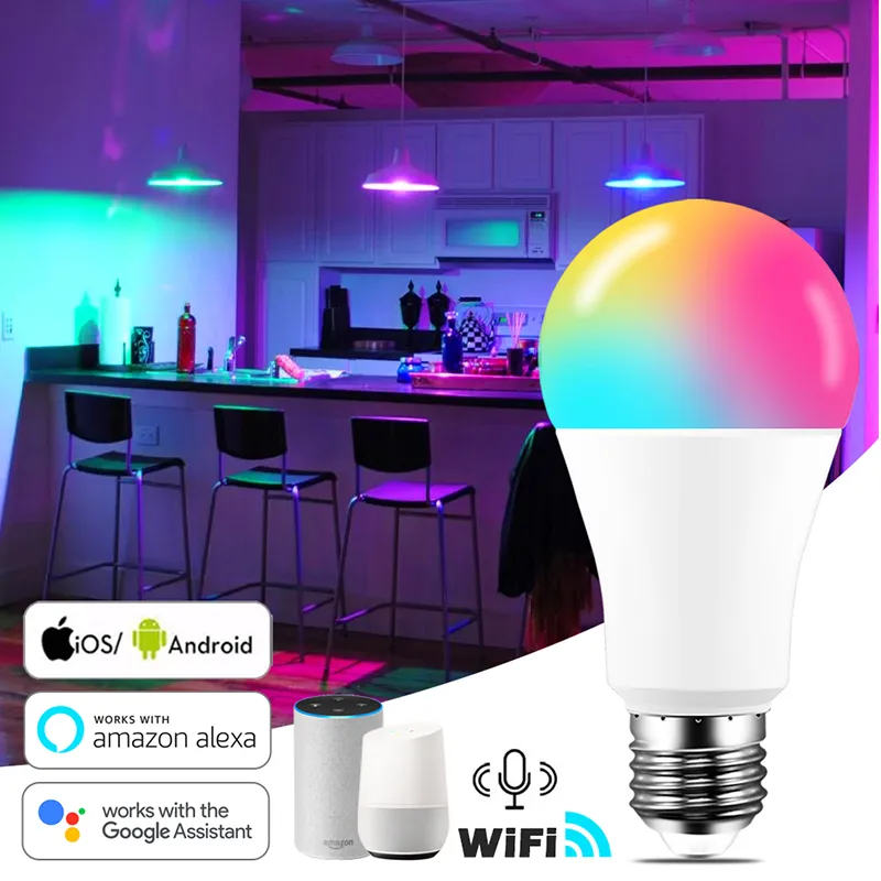 Умная лампа RGB 15 Вт с изменением цвета Wi-Fi лампа E27 с регулируемой яркостью, совместимая с приложением Smart Life Google Home Alexa264e