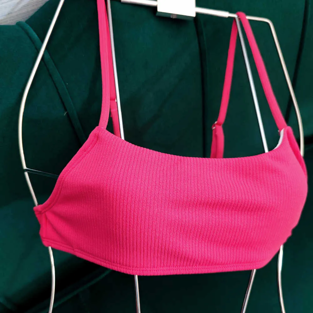 Ribbed Neon Różowy Bikini Set Thong Bikinis Swimsuit Kobiety Wysokiej Pas Kostium Kąpielowy Lampart Bra Plus Size Swimwear String 210629