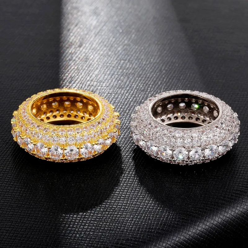 18 K Real Gold Plated Round Diamond Rings Iced Out Cubic Zircon CZ Round Weeding Hip Hop Band Rings9605827