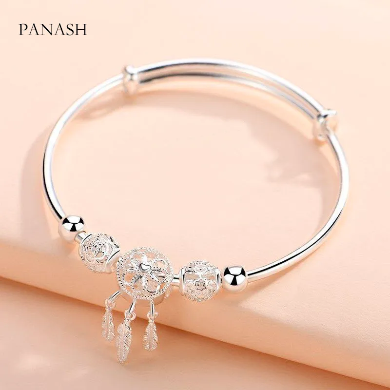 PANASH Originale 925 Sterling Silver Dream Catcher Bracciale Con Piuma Nappa Ciondolo/Perline Rotonde Braccialetti Con Ciondoli Le Donne H343