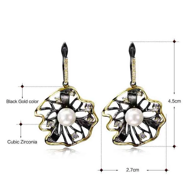 DreamCarnival 1989 Lotus Flower Earrings Hollow Created Pearl CZ Black Gold Color Hip Hop Pendientes tipo gota Parties Jewelries 2266c