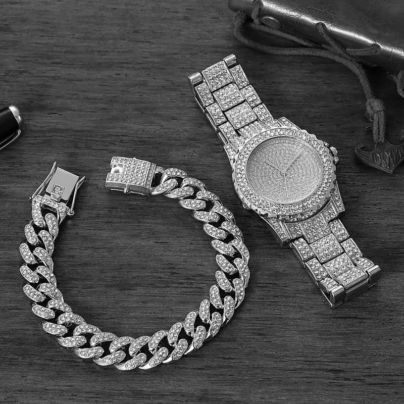 Наручные часы-браслет для женщин, кубинская цепочка с подвеской Iced Out, модный роскошный золотой комплект ювелирных изделий Relojes2803