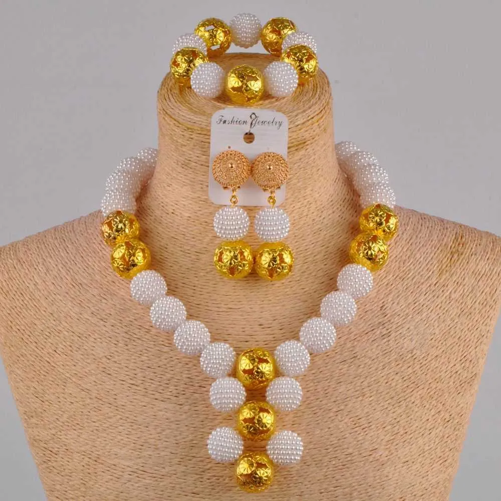 guld halsband afrikanskt beige simulerad pärla nigerianska bröllop set kostym afrikanska smycken set zz05 h1022