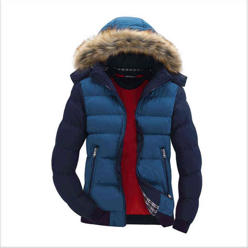 Men Down Jacket Winter Male Casual Hooded Outwears Coat Warm Fur Parka Overcoat Men's Solid Thick Fleece Zipper Jackets 211110