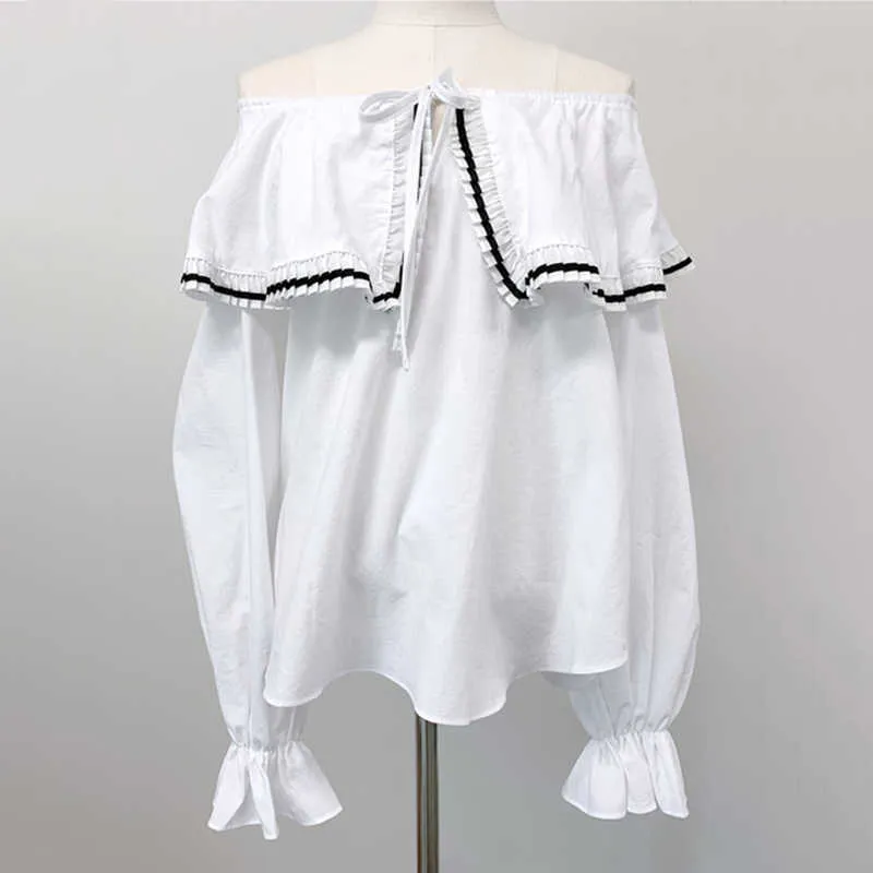 Korejpaa Camisa Mulheres Verão Coréia Chic Estilo Retro Palavra Collar Ruffled Pleated Órgão Stitching Lanterna Sleeve Blouse 210526