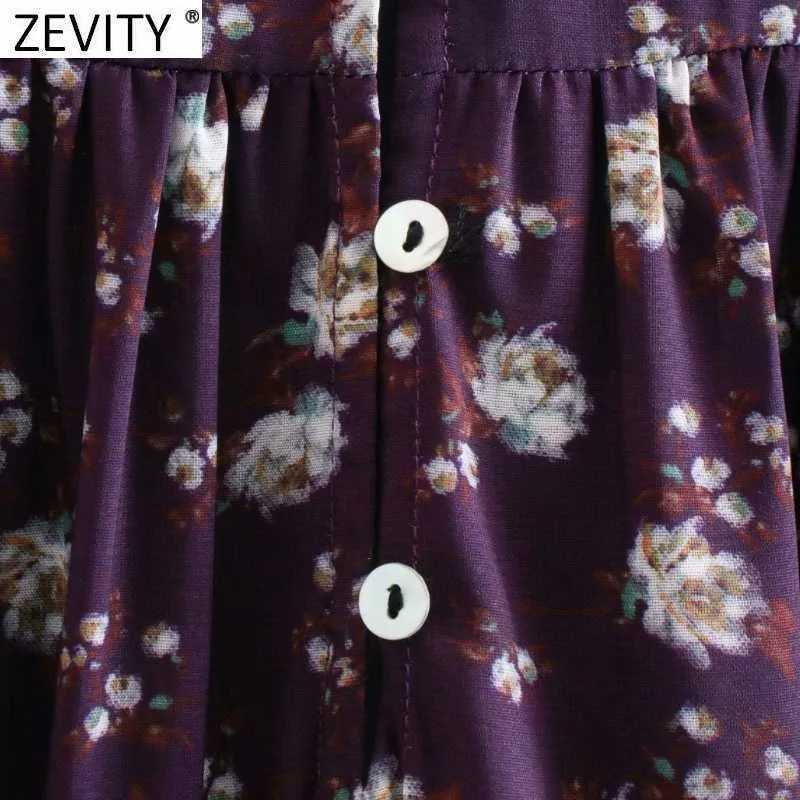 Zevity Women Vintage O Neck Floral Print Purple Color Smock Blouse Female Retro Butterfly Sleeve Shirts Chic Blusas Tops LS7527 210603