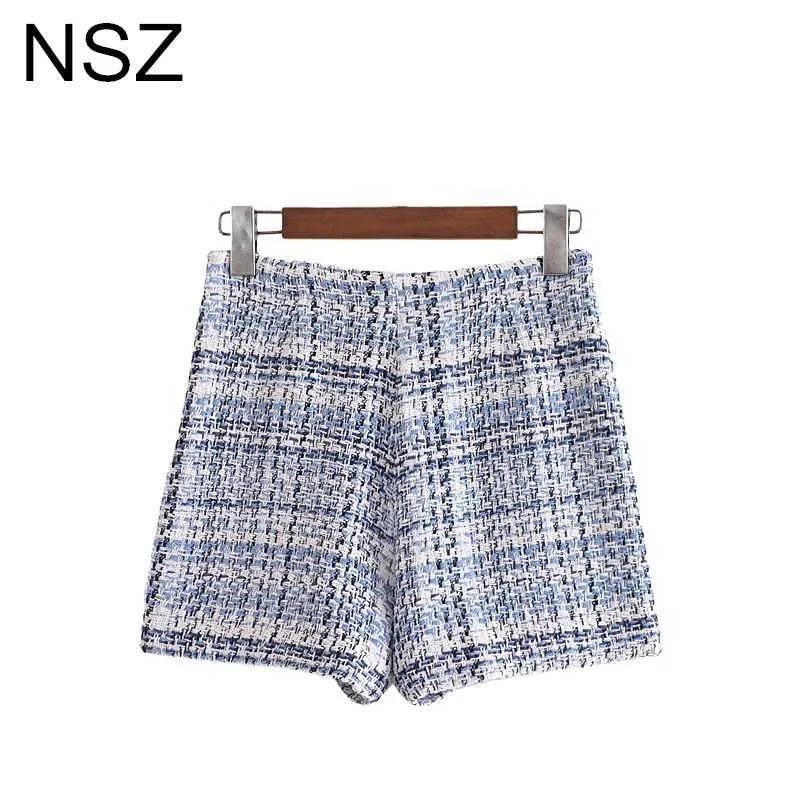 NSZ Women Tweed Plaid Skirt Short Double Breasted High Waist Elegant Ladies Checked Pants 210719