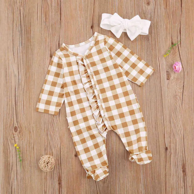 Emmababy nouveau-né bébé fille vêtements Plaid imprimé à volants à manches longues mignon pieds pyjamas barboteuse combinaison tenue vêtements G1221