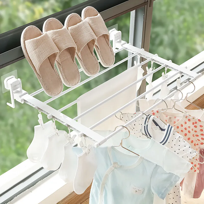 Telescopic Window Drying Rack Punching Wall-Mounted Indoor Suction Cup Folding By Sill Clothes Rod 220214290T