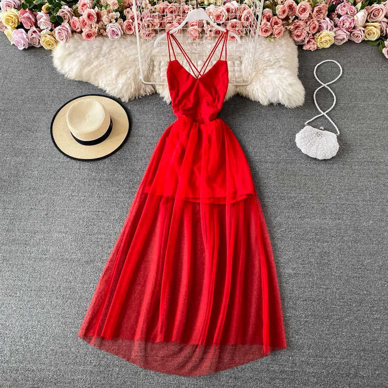 Sexig mesh spaghetti band lång klänning sommar kvinnor hög midja öppna tillbaka svart / vit / röd klubb strand parti maxi vestidos kvinnlig ny y0603