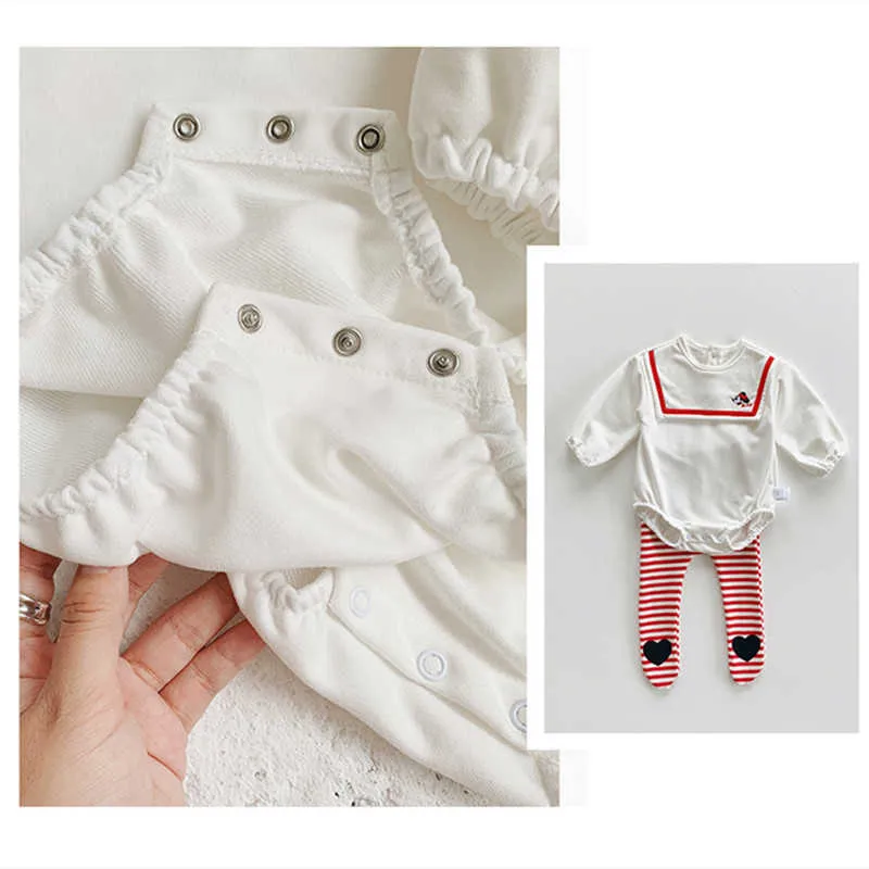 Baby Girl Cartoon Embroidery Romper Korean born Cute Jumpsuit Korea Clothes Infant Rompers + Pantyhose 210615