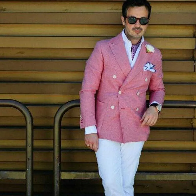 Double boutonnage rose hommes costumes Slim Fit pour mariage bal 2 pièces marié smoking avec pantalon blanc nouveau costume de mode masculine 2021 X0909