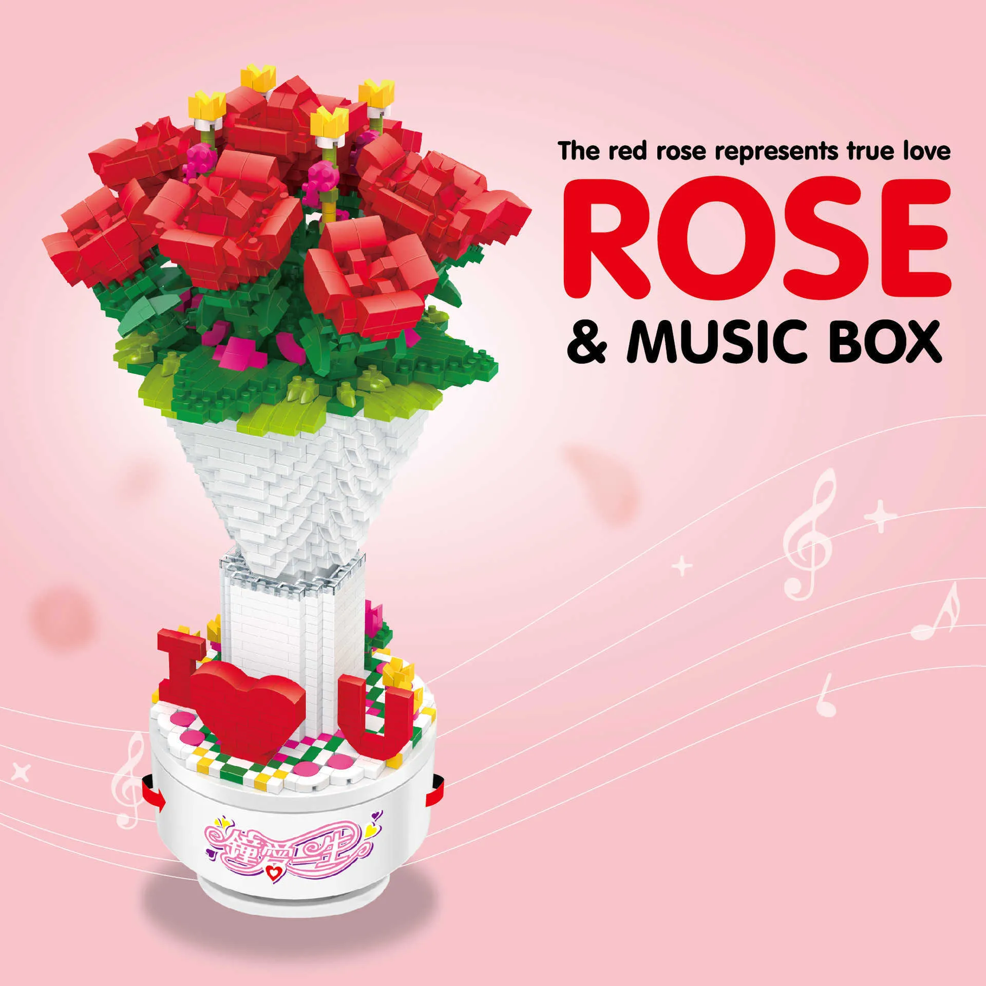 Brique de construction fleur micro diamant bloc romantique rose boîte à musique nanobrick assembler collection de jouets pour amoureux valentines cadeaux Q0823