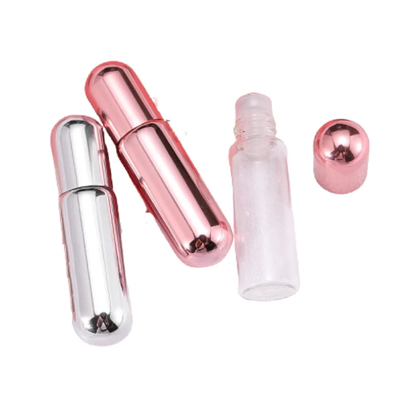 Rouleau de rouleau en acier inoxydable en acier inoxydable en acier inoxydable en verre rose de 5 ml rose rose rose sur une bouteille ronde vidage de parfum argenté de parfum essentiel du flacon 