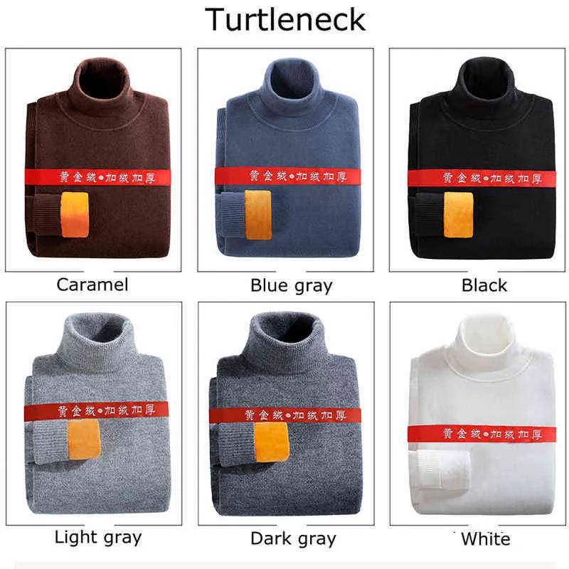 Plus Size Winter Thicken Keep Warm Men Sweaters Turtleneck Soft Comfortable Fleece Solid Knitted Gold Velvet Pullovers 211221