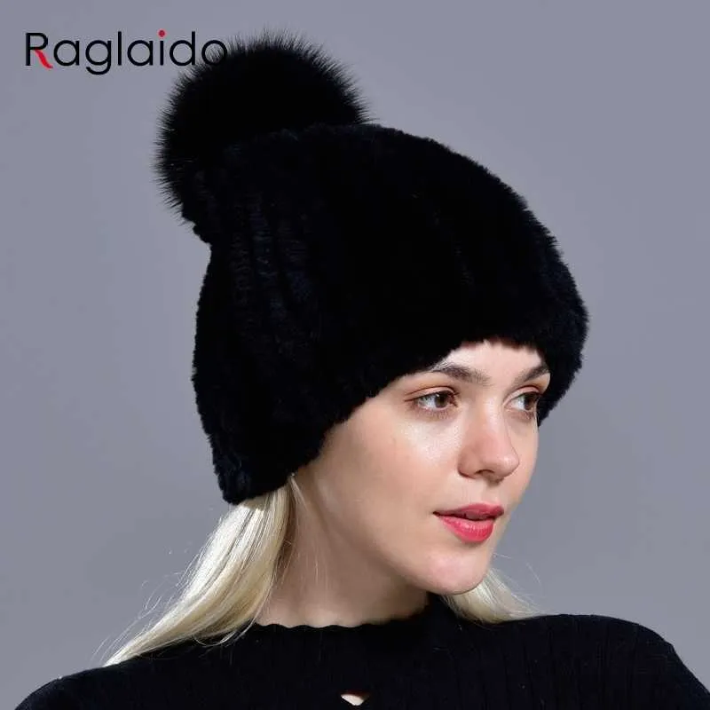 Raglaido gorros de punto con pompón para mujer gorros liso elástico gorros de pelo de conejo Rex sombrero de invierno Skullies accesorios de moda LQ11219 2319I