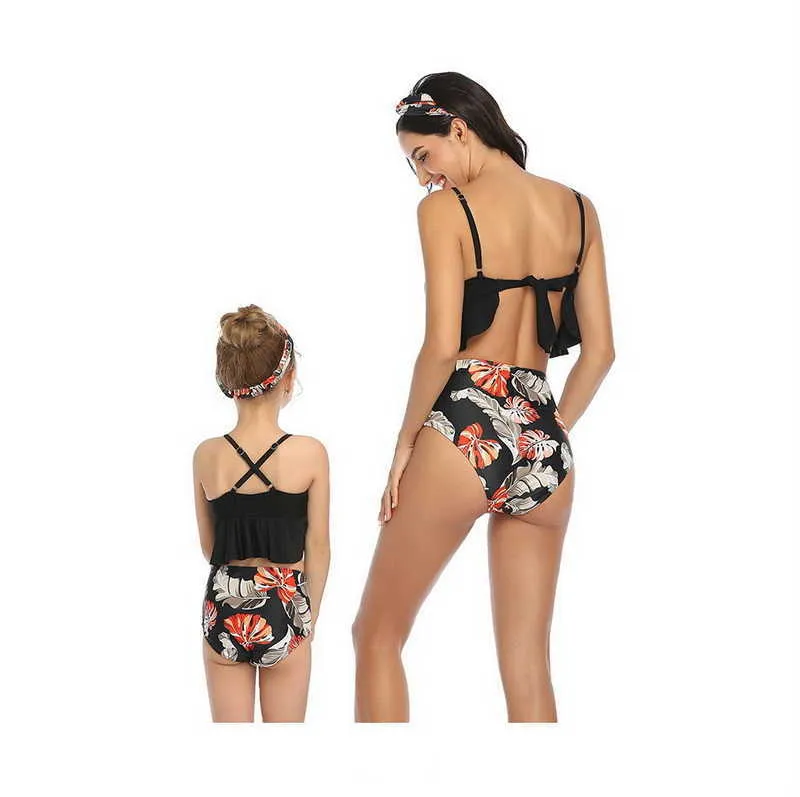 Parent-Child Swimwear Bikini High Waist Swimsuit Floral Mom Girl Family Matching Outfit E1802 210610