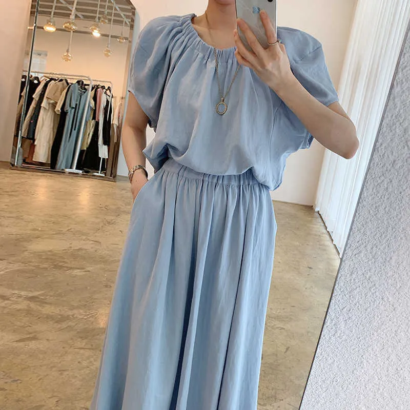 Korejpaa Dames Sets Zomer Koreaanse Chic Retro One-Collar Off-Shoulder Losse shirt met korte mouwen High-taille geplooide lange rok 210526