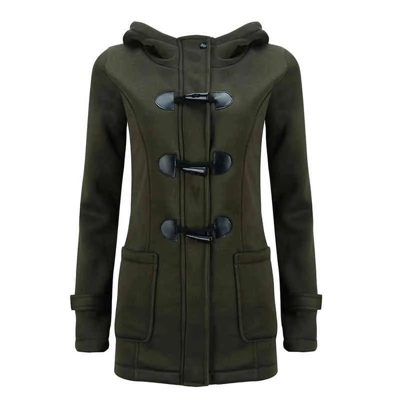 ファッションカジュアル冬の暖かいスリムジャケットコートアウトウェアフリースフード付きホーンボタンオーバーコート秋の女性ポケット長いエレガントコート220118